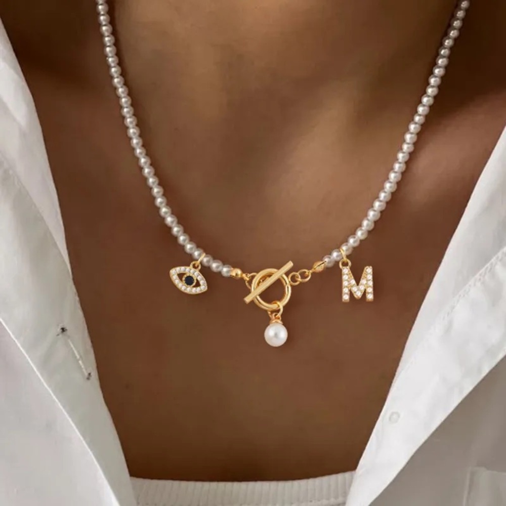 M initial toggle Pearl Beaded Necklace with Gold Charms